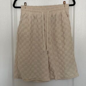 Women's Cream Checkered Textured Drawstring Shorts